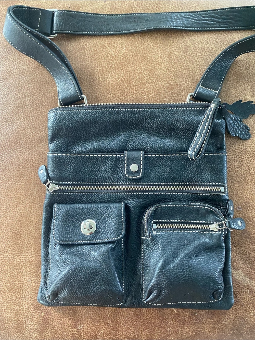 Roots Black Leather Multi-Pocket Belt Bag